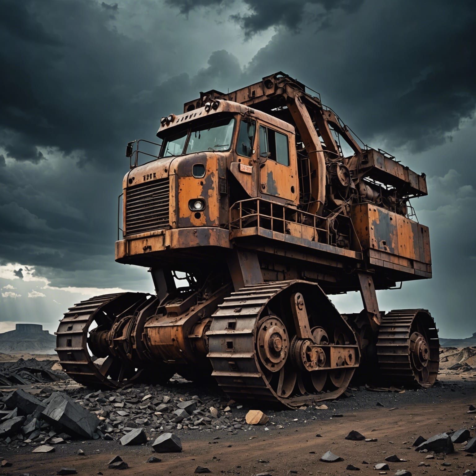 Rusted Industrial Machine in Post-Apocalyptic Landscape