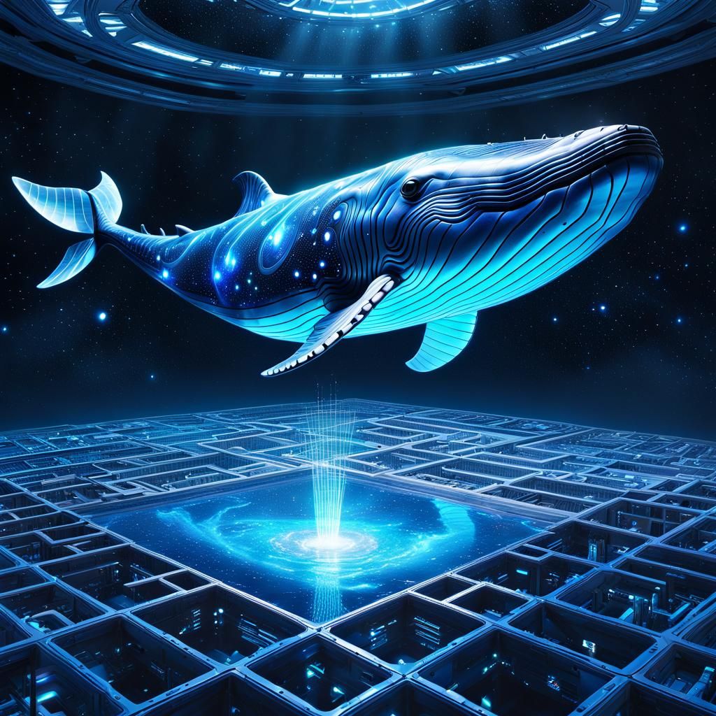 Blue Space Whale Hologram in Deep Space Graffiti Art