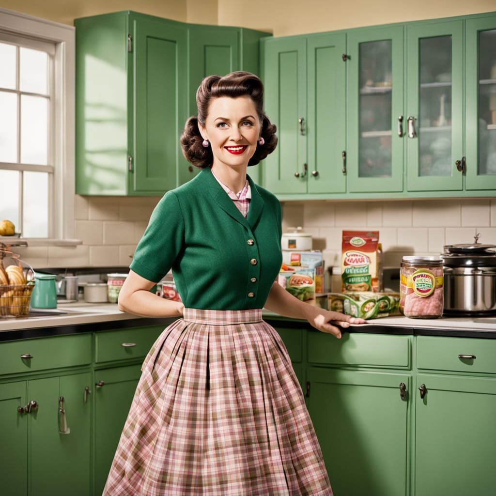 1950s Mother Puts Groceries Away in Pink Kitchen