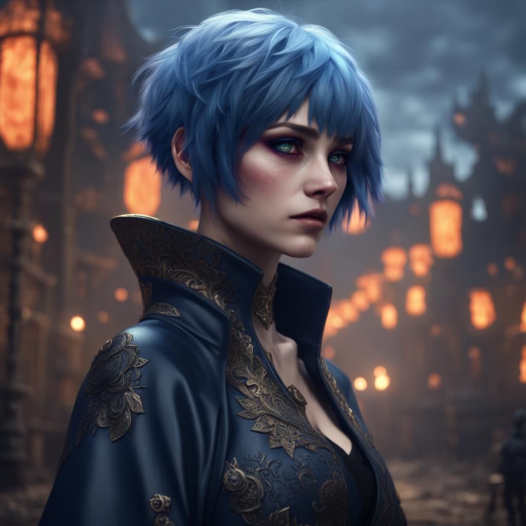 Goth Kitsune Teen with Blue Hair