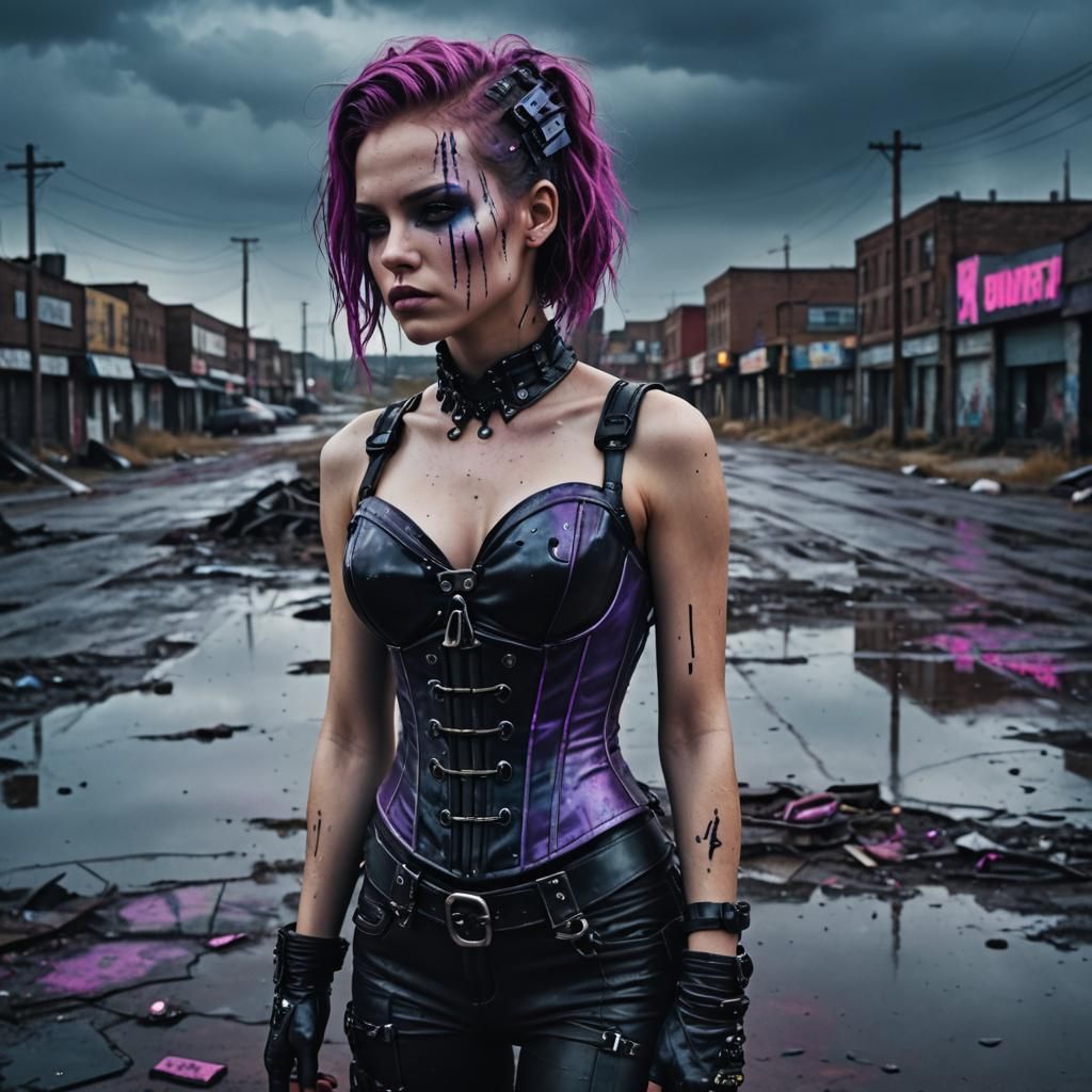 Cyberpunk Woman in Wasteland with Neon Reflections