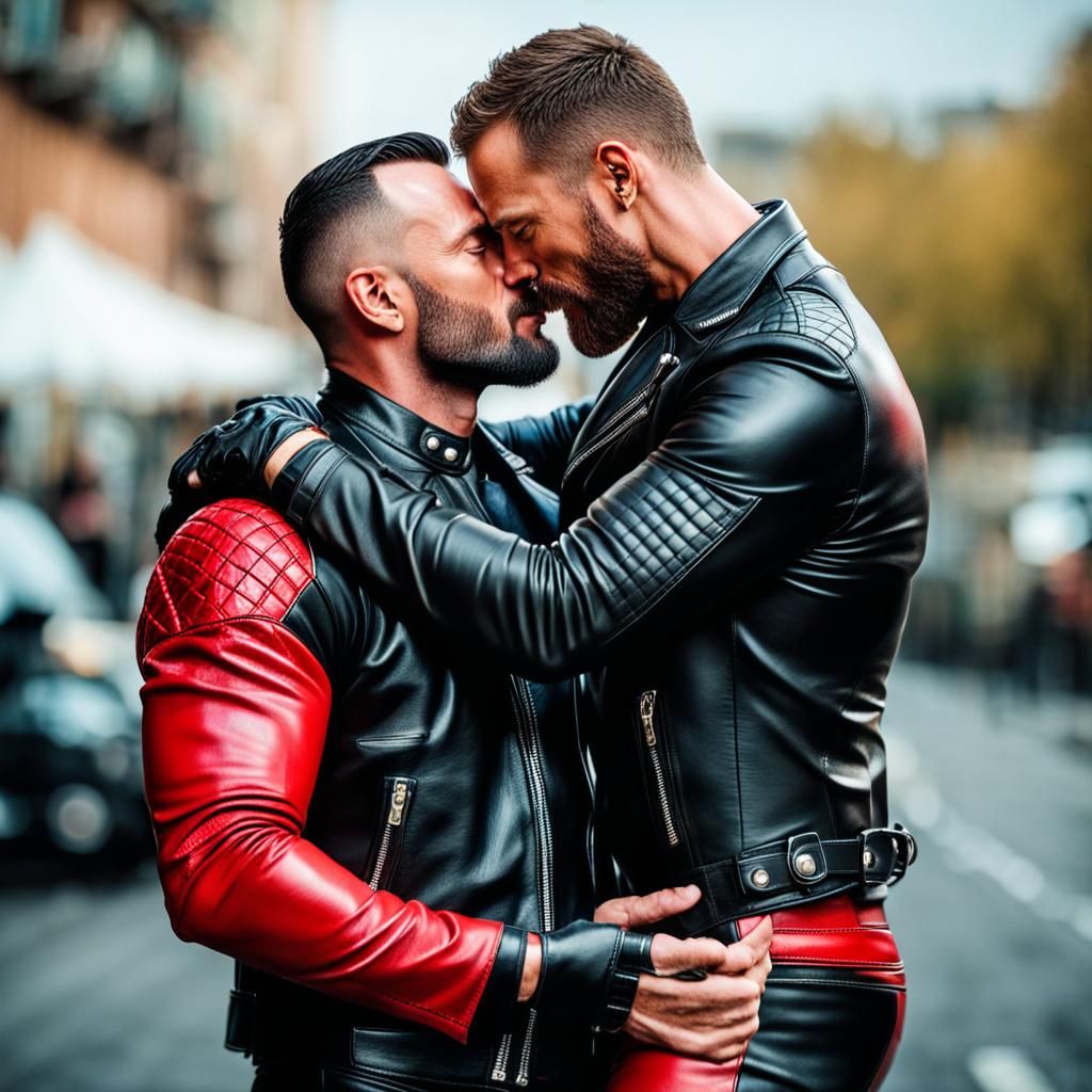 Handsome Bikers in Leather Embrace