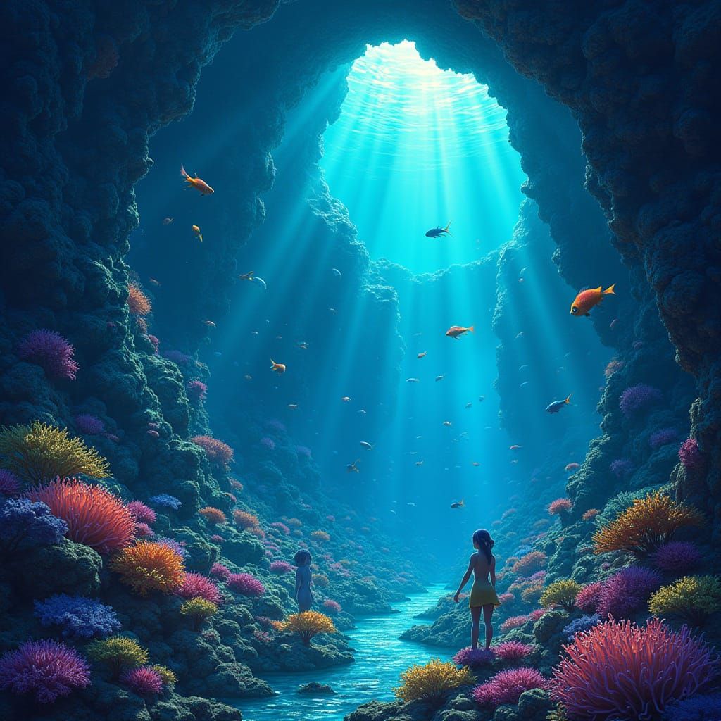 Bioluminescent Coral City with Merfolk and Glowing Fish