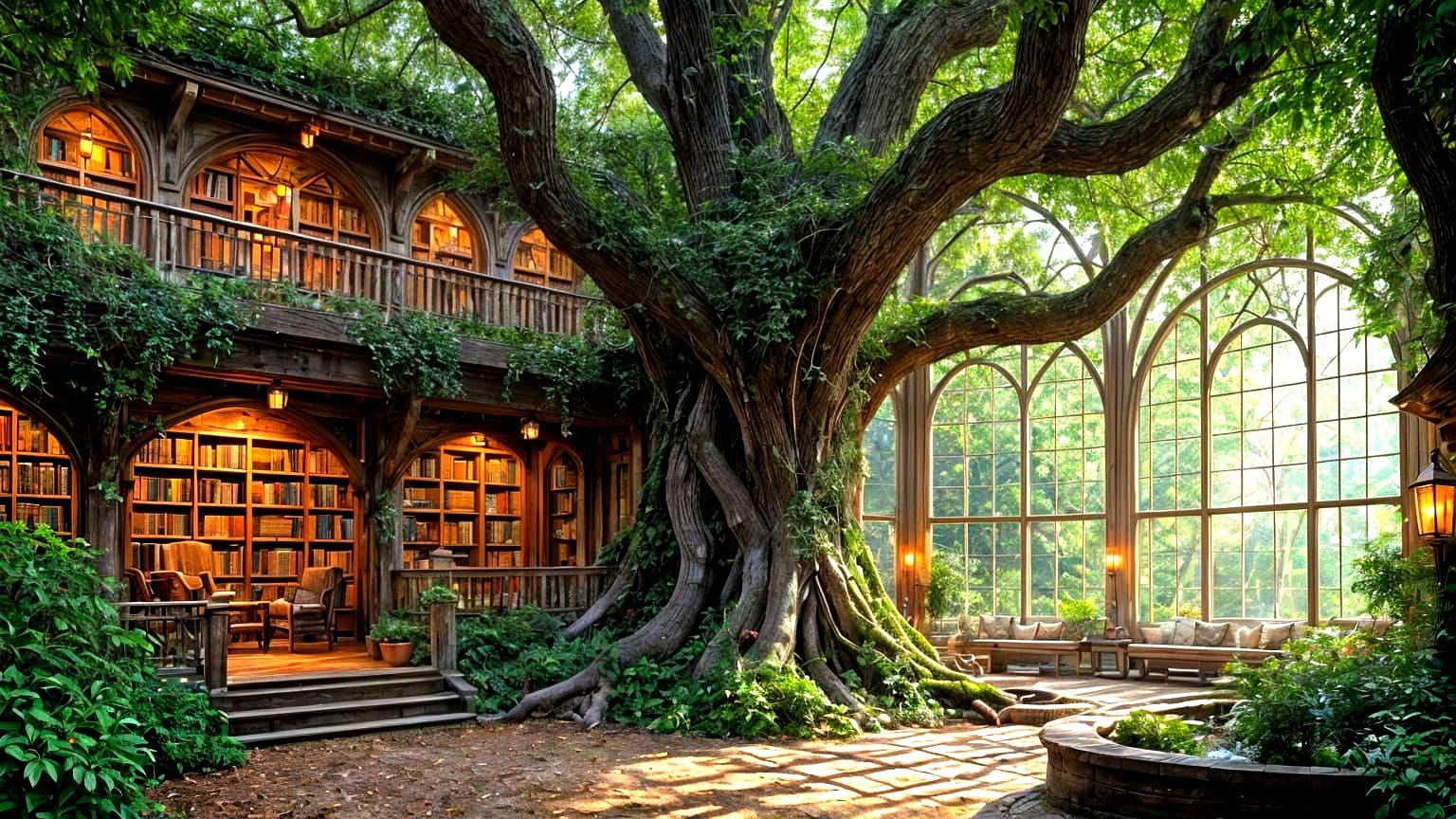 Enchanting Elven Library in Ancient Oak Tree