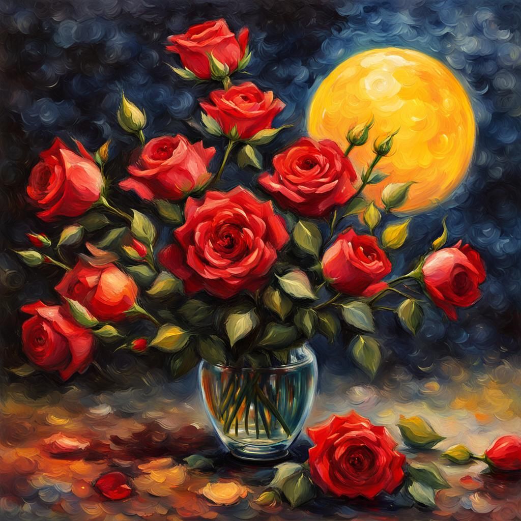 Vibrant Red Roses Under Moon, Impressionist Painting