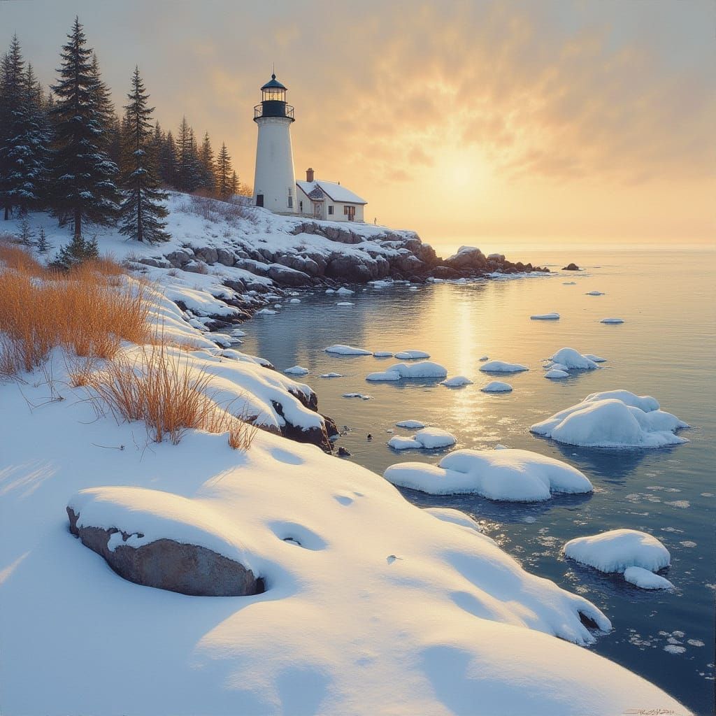 Maine Winter Shoreline with Lighthouse, Impressionist Style