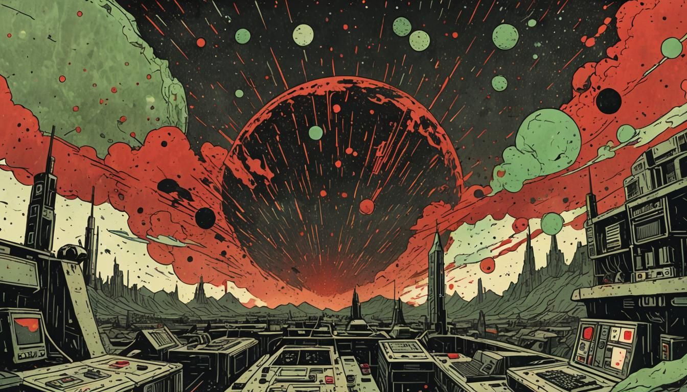 Retrofuturistic Cosmic Island Breaks Away in Midnight Olive....