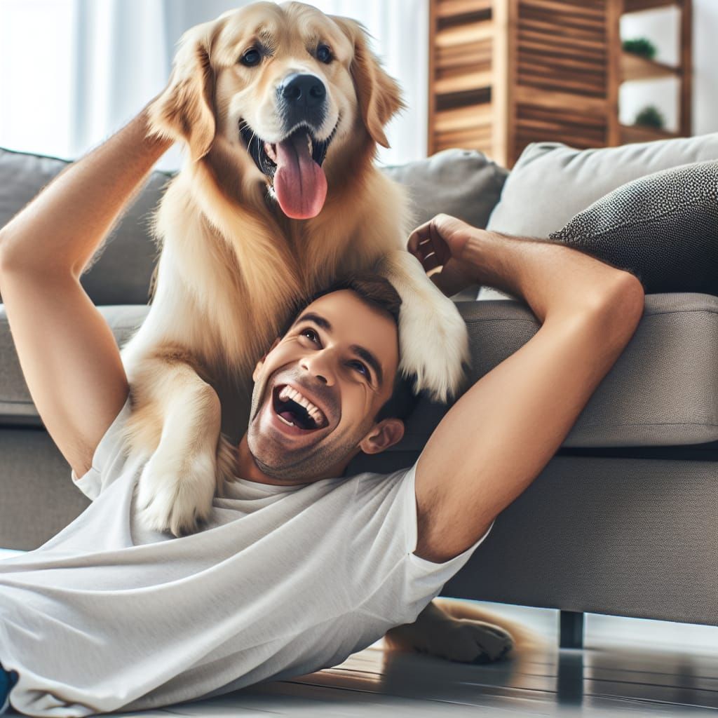 Golden Retriever Paws Playfully on Man's Head