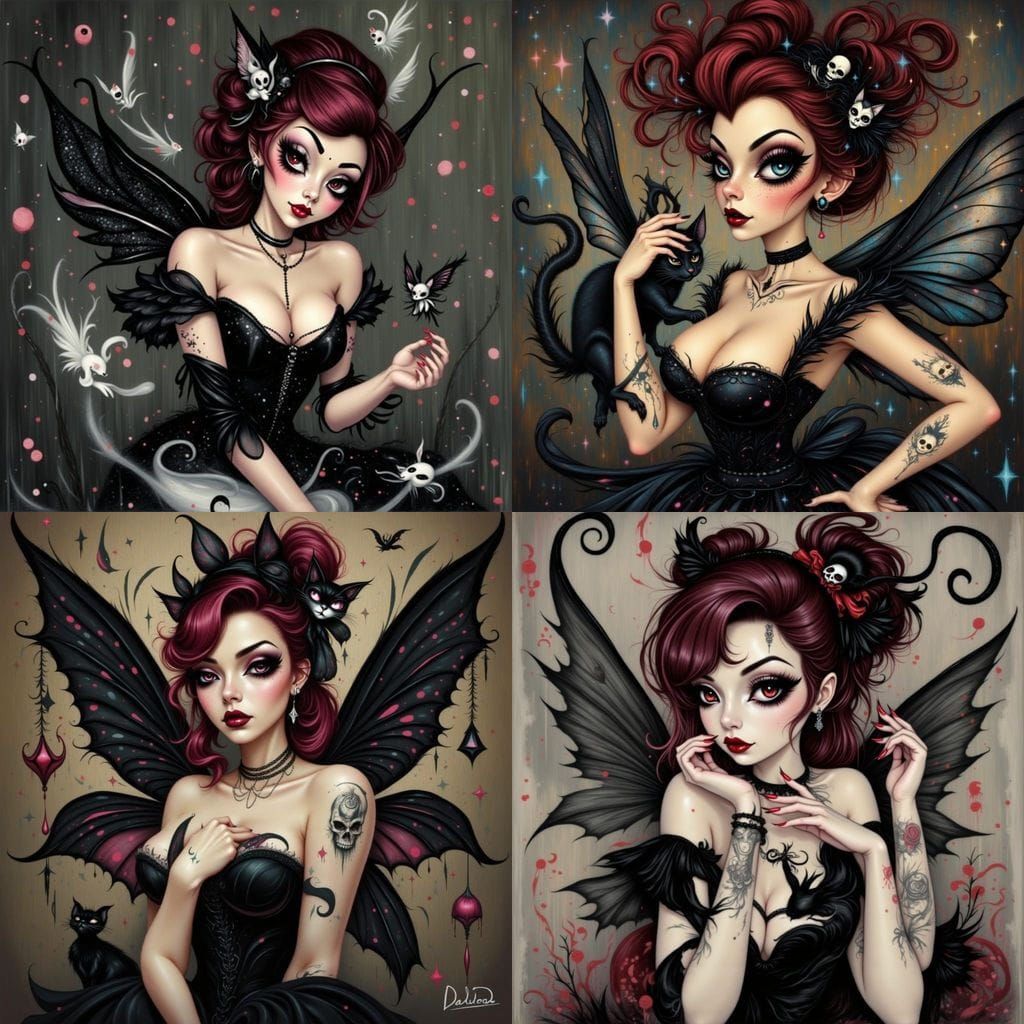 Goth Rockabilly Fairy with Polka Dot Wings