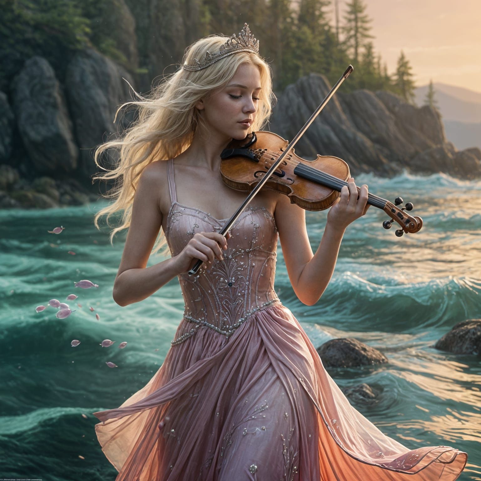 Underwater Violinist in a Pink Crown of Pearls