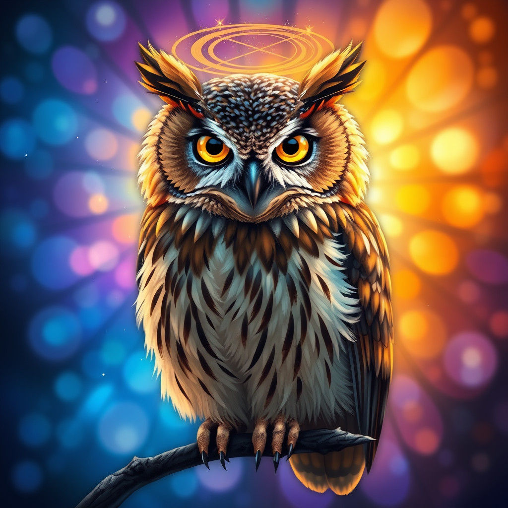 Mystical Owl with Multicolored Aura and Halo