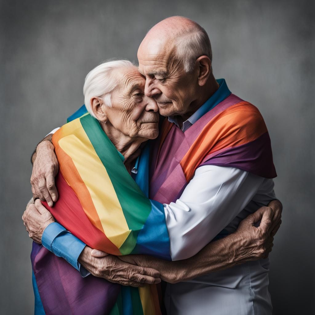 Presidential Gay Couple Embracing, Pride Flag