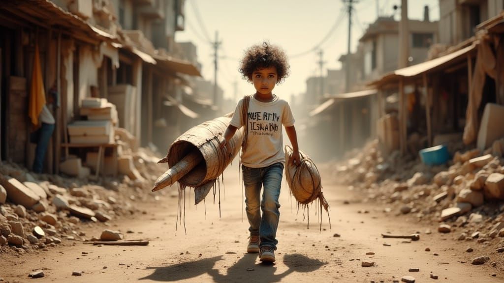 A Young Boy Walks Down a War-Torn Street in Gaza, Holding a ...