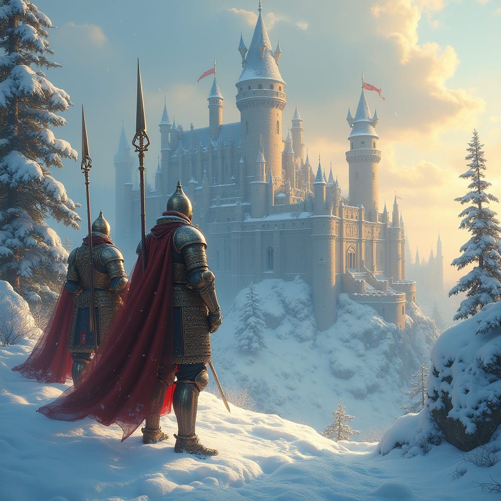 Majestic Knights Guarding the Grand Castle in Winter Wonderl...