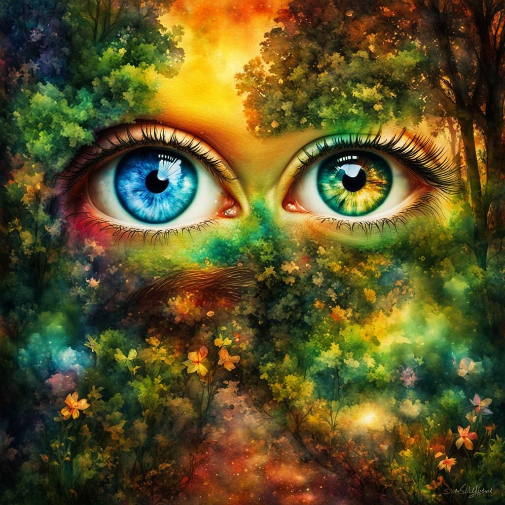 Magical Fairyland Reflected in Eyes, Double Exposure Art