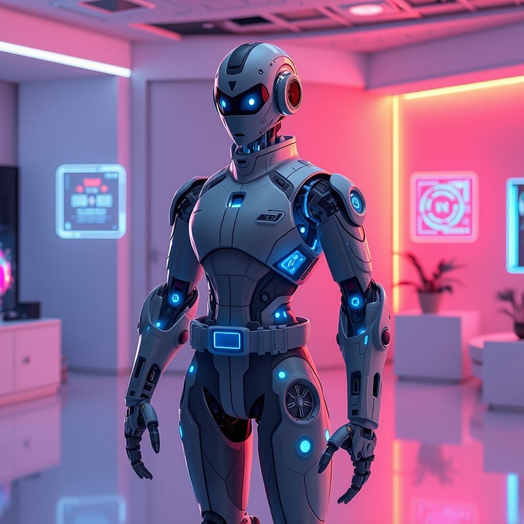 Futuristic Robot Servant in Neon-Lit Living Space