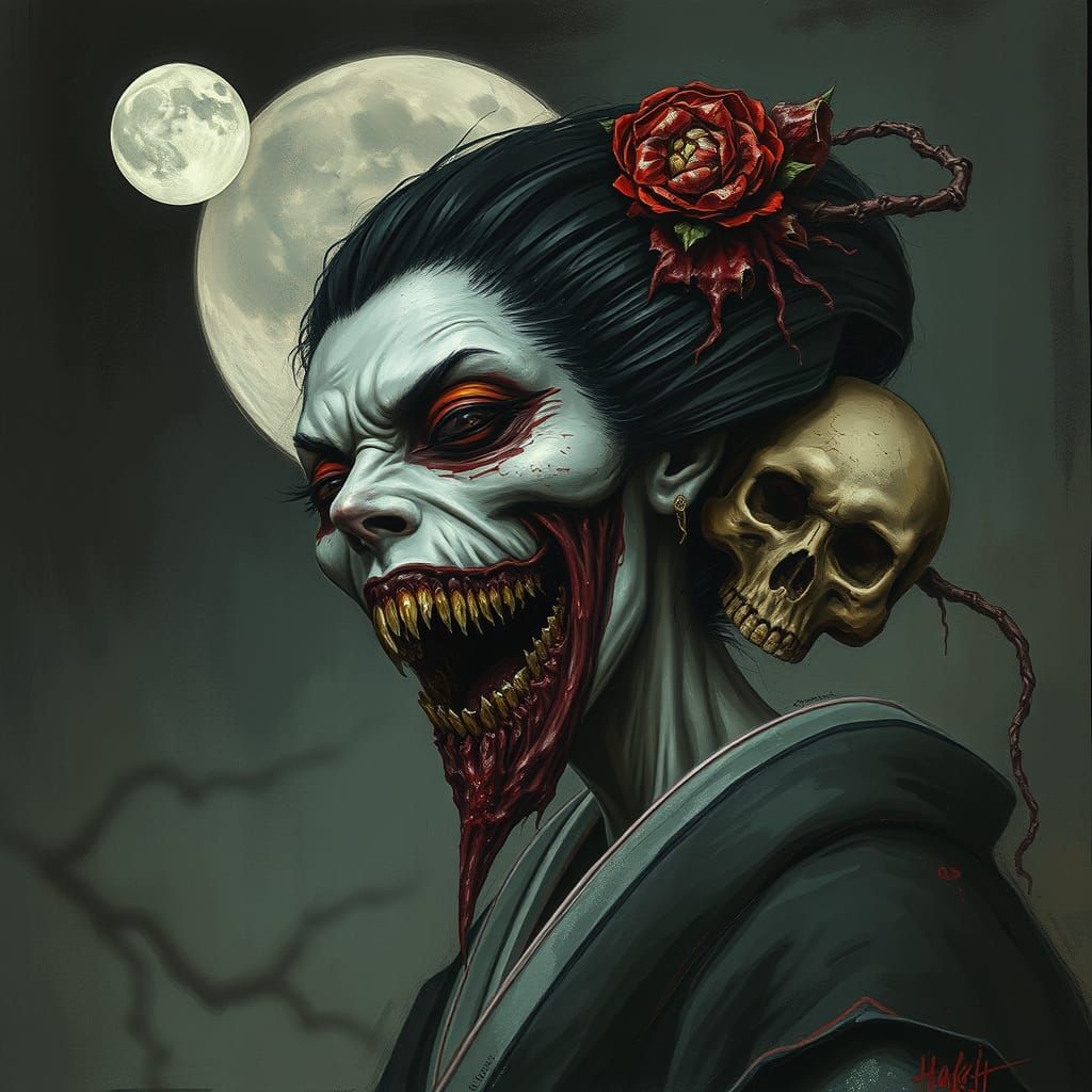Decaying Geisha with Macabre Grin Under Wicked Moon