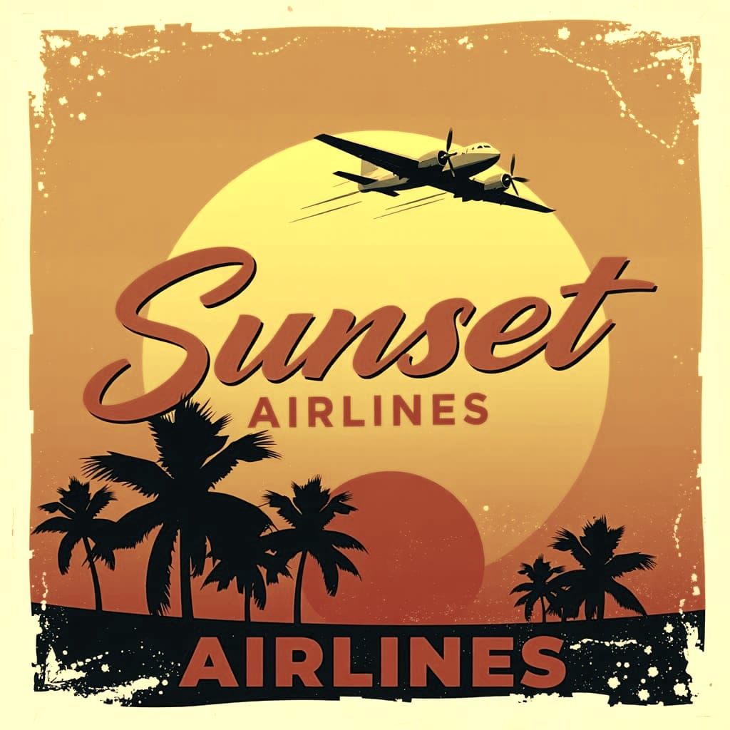 Sunset Airlines Vintage Style 1950s Travel Poster