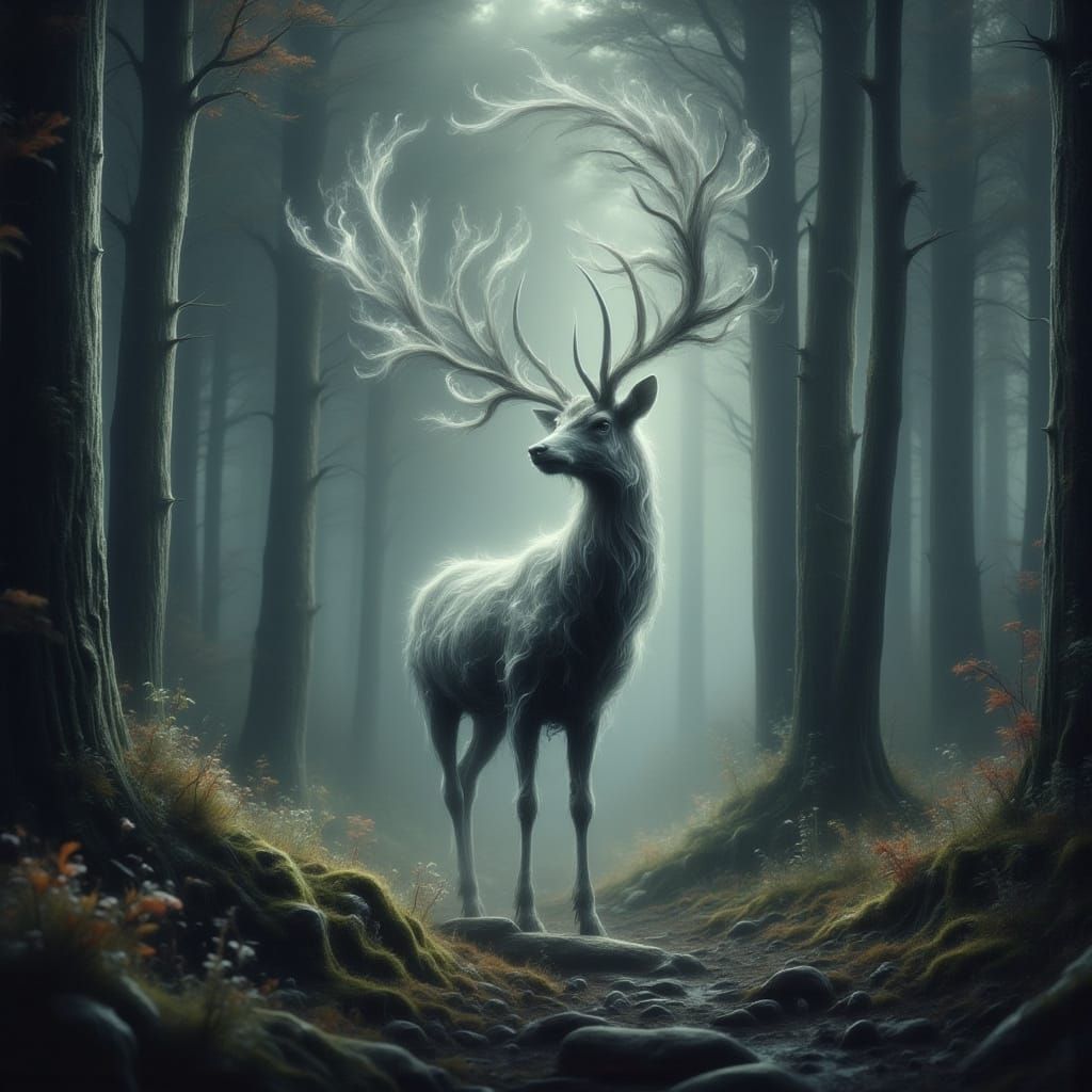Ghostly Deer Strides Through Misty Forest