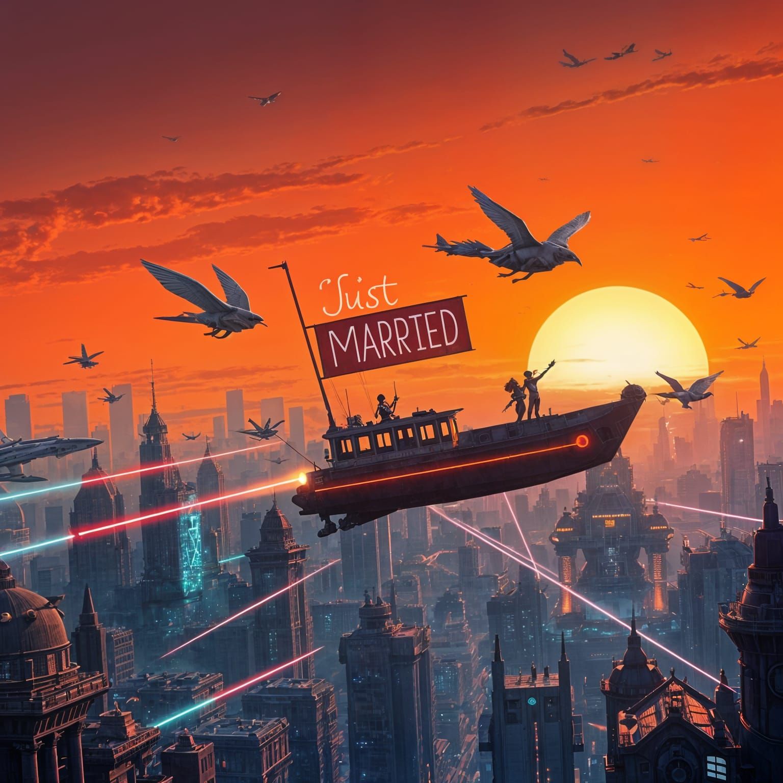 Sci-Fi City Sunset: Just Married Airship