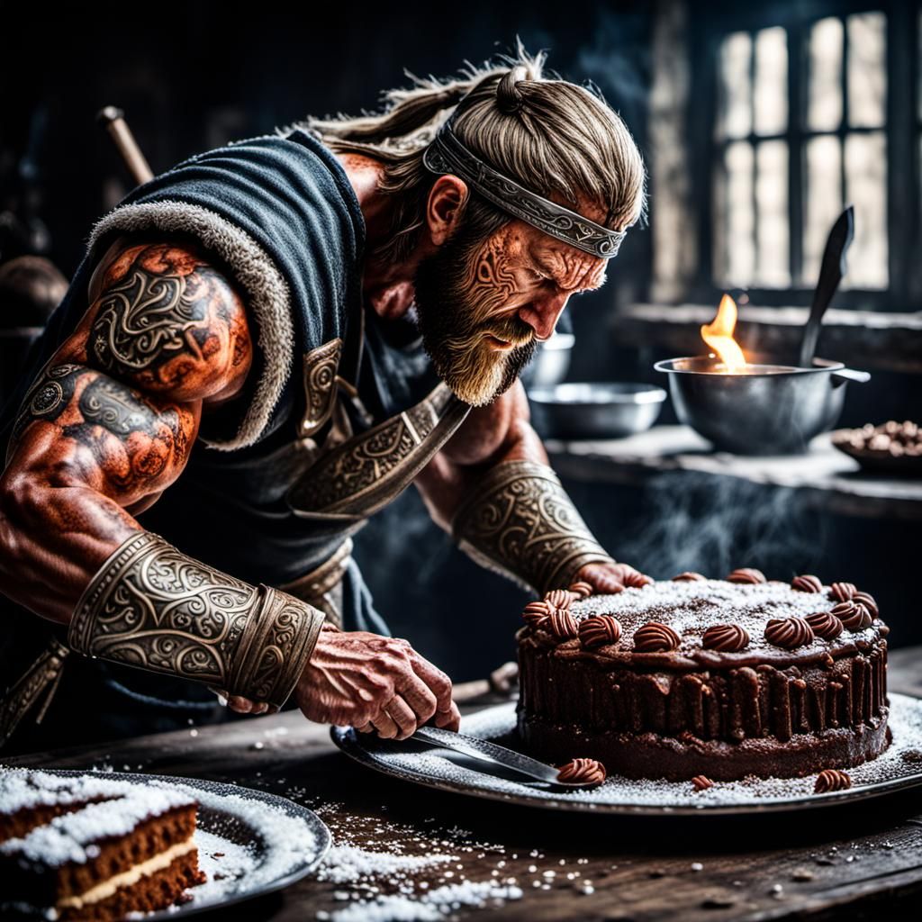 Hyperrealistic Viking Warrior Baking a Cake