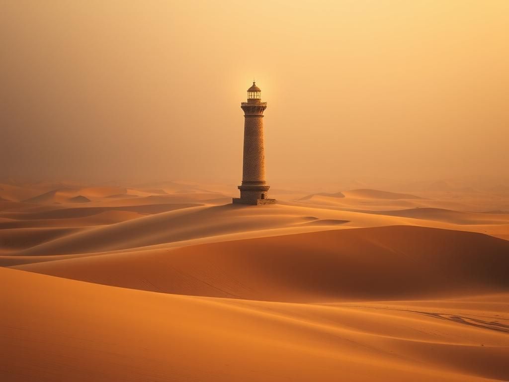 Desert Lighthouse with Mystical Light, Surreal Landscape