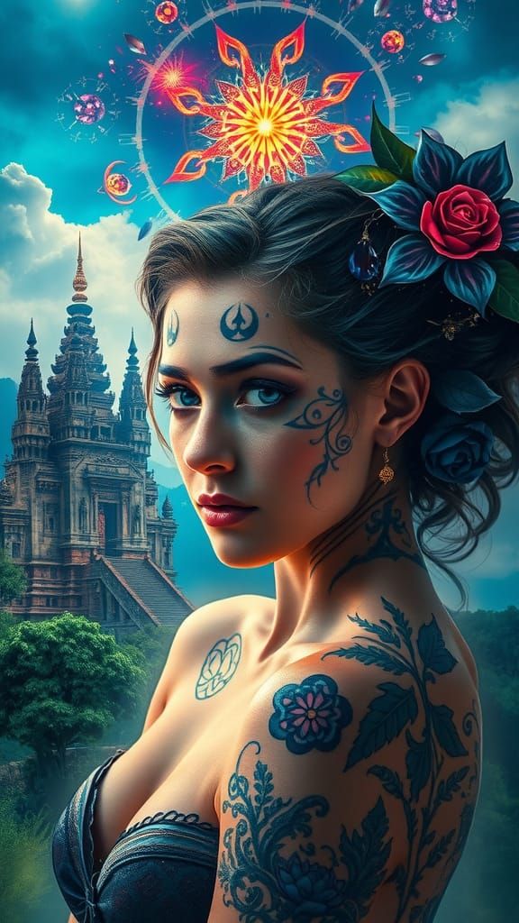 Mystical Tattooed Woman in Surreal Double Exposure