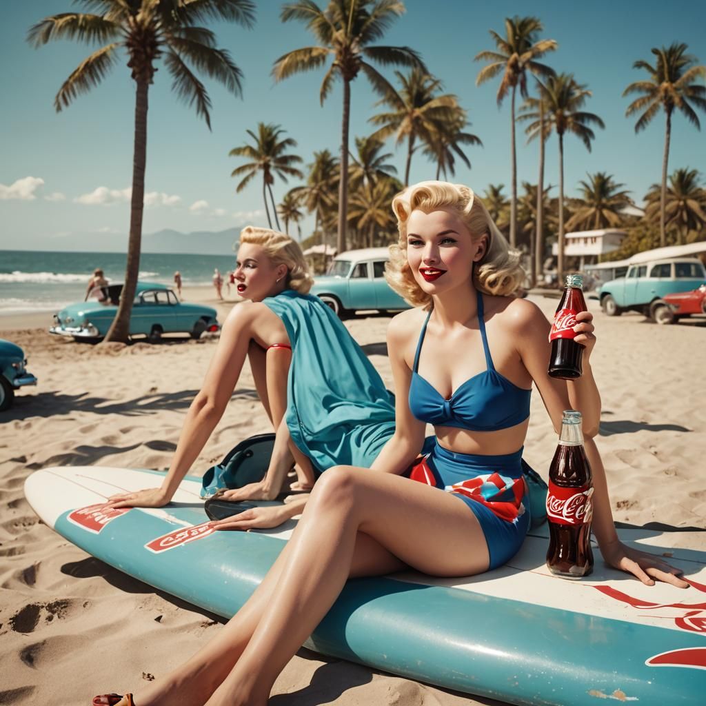 1950s Pin-Up Girl on Surfboard with Coca-Cola