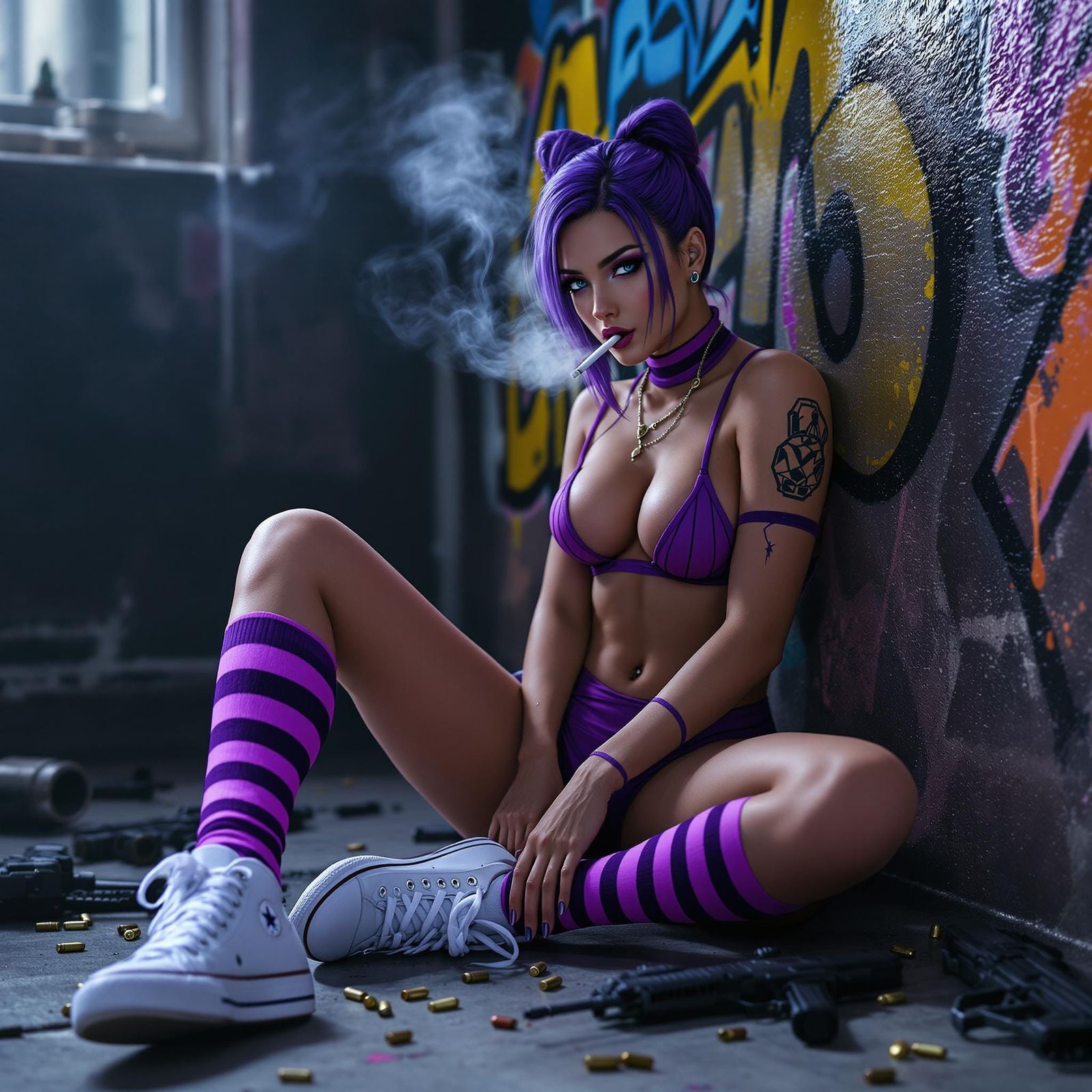 Cortana in Cyberpunk Style with Graffiti Background