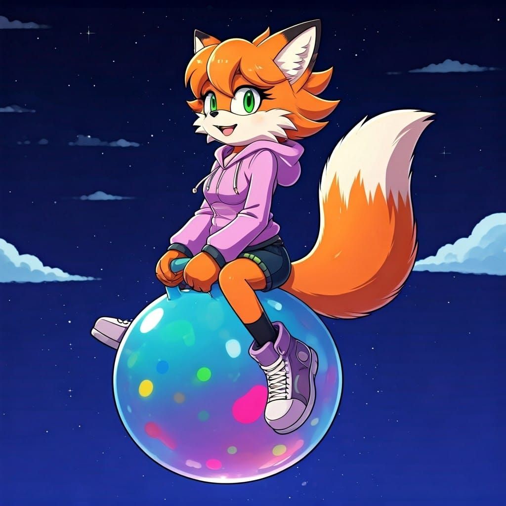 Whimsical Fox Girl Bounces in Vibrant Space Hopper Scene