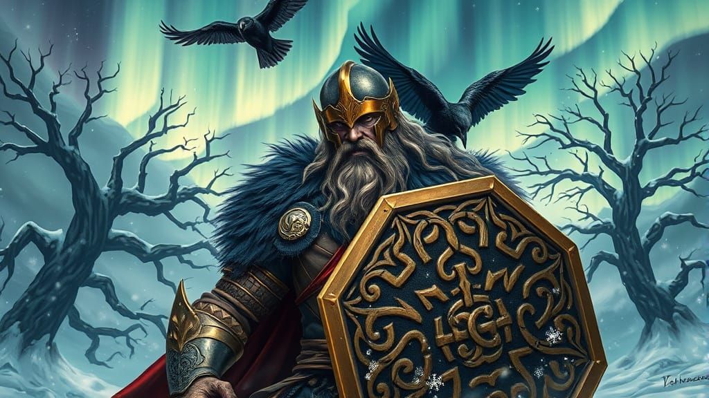 Norse Warrior Under Northern Lights in Fantasy Art