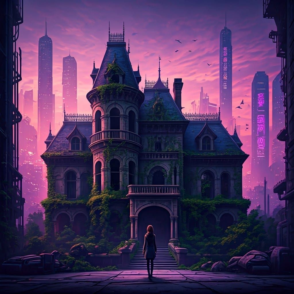 Eerie Victorian Mansion in Cyberpunk Twilight