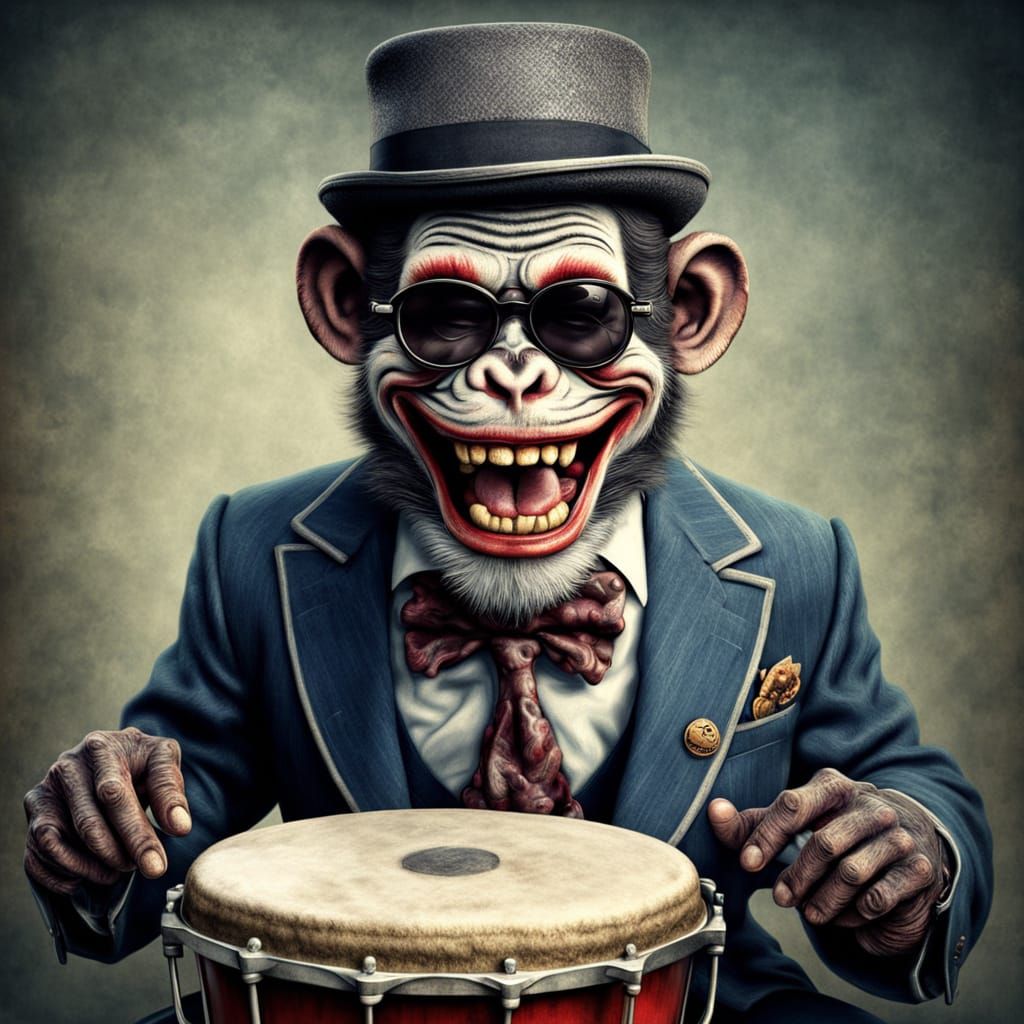 Hyperrealistic Zombie Monkey Beatnik Clown Plays Bongos