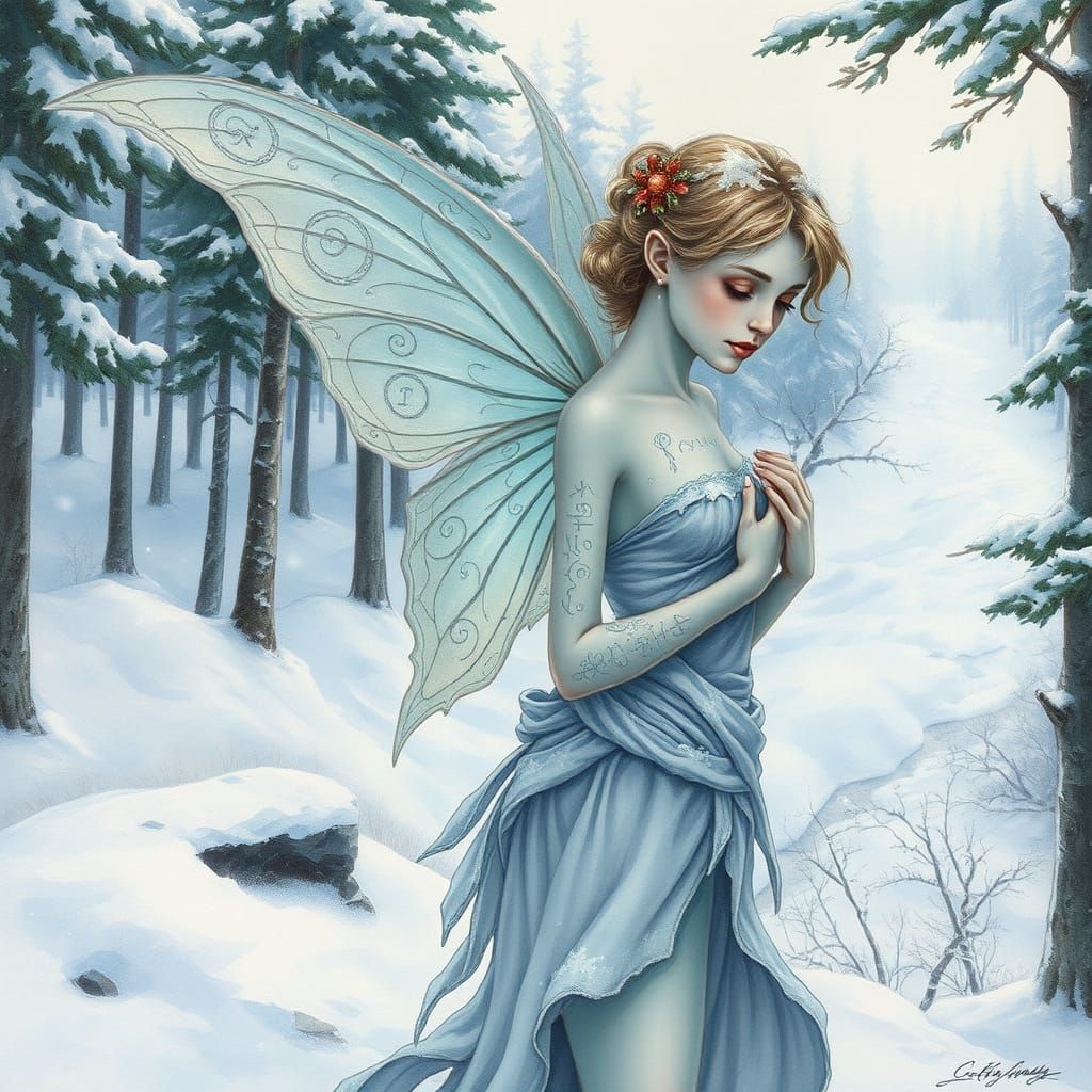 Ethereal Winter Fairy in Snowy Landscape Watercolor Style
