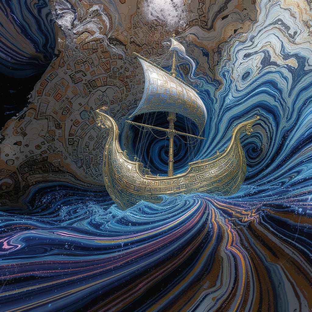 Gilded Ship Speeding Through Psychedelic Light Vortexes
