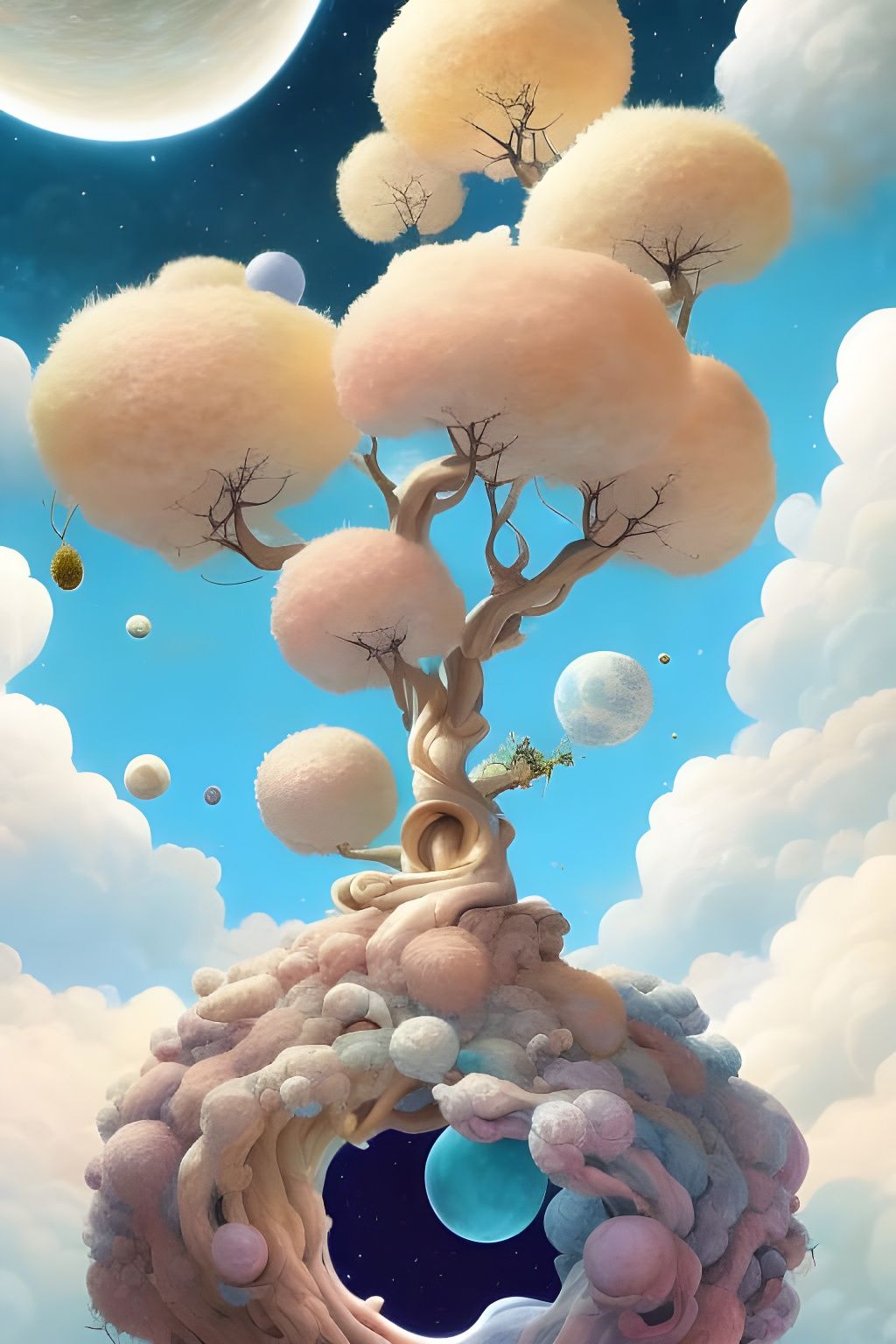 Celestial Tree with Nebulous Bodies: Digital Illustration