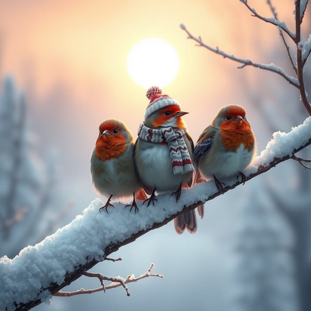 Fantastical Birds Bask in Sunrise Glow on Snowy Branch