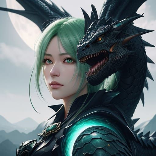 Elegant Girl on Dragon in Anime Style