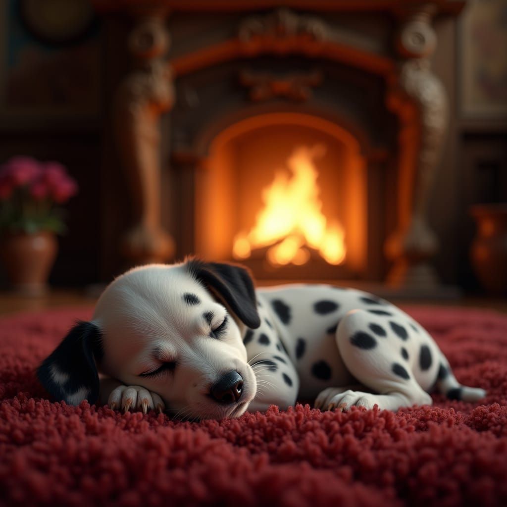 Crimson Slumber: Dalmatian Puppy by the Fireplace