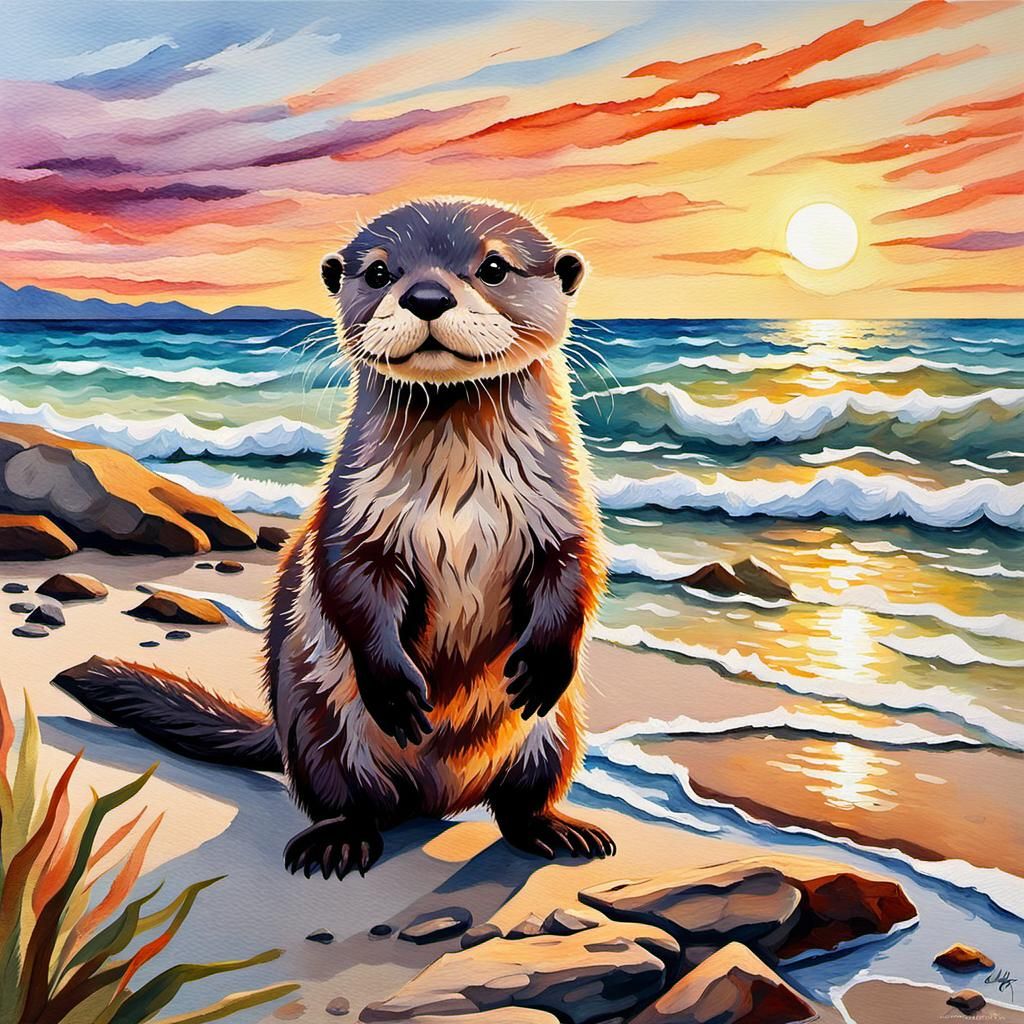 Baby Otter at Sunset: Impressionist Gouache Seascape