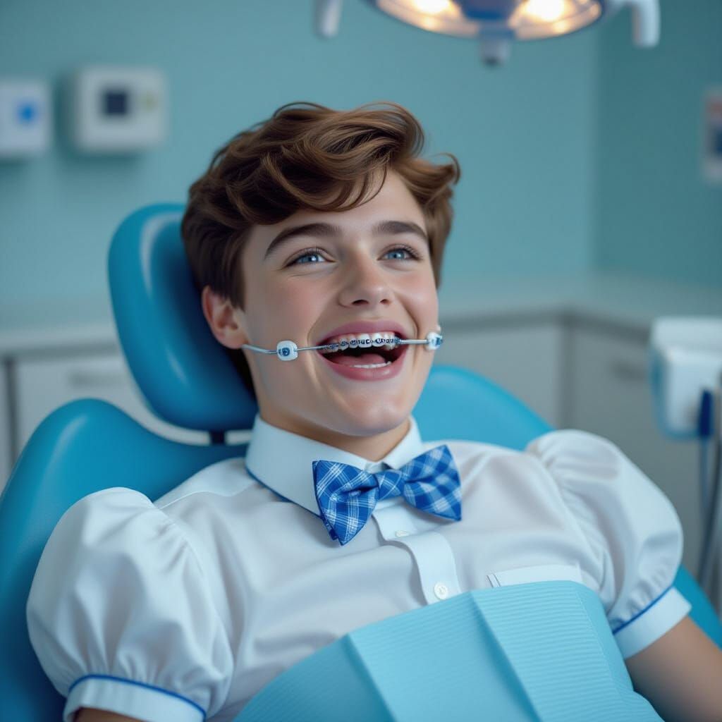 Man with Braces in Dentist Chair: Cinematic Film Still