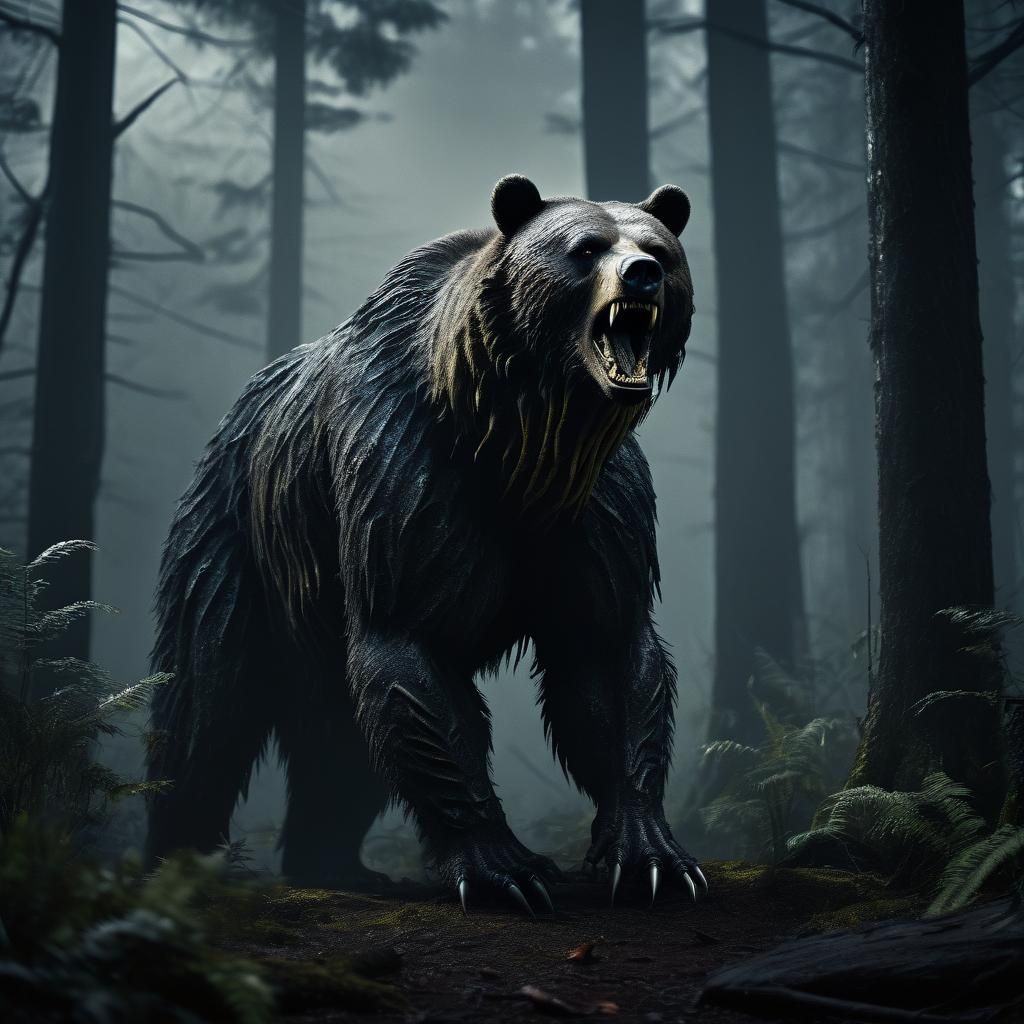 Xenomorph-Inspired Biomechanical Bear in Misty Forest