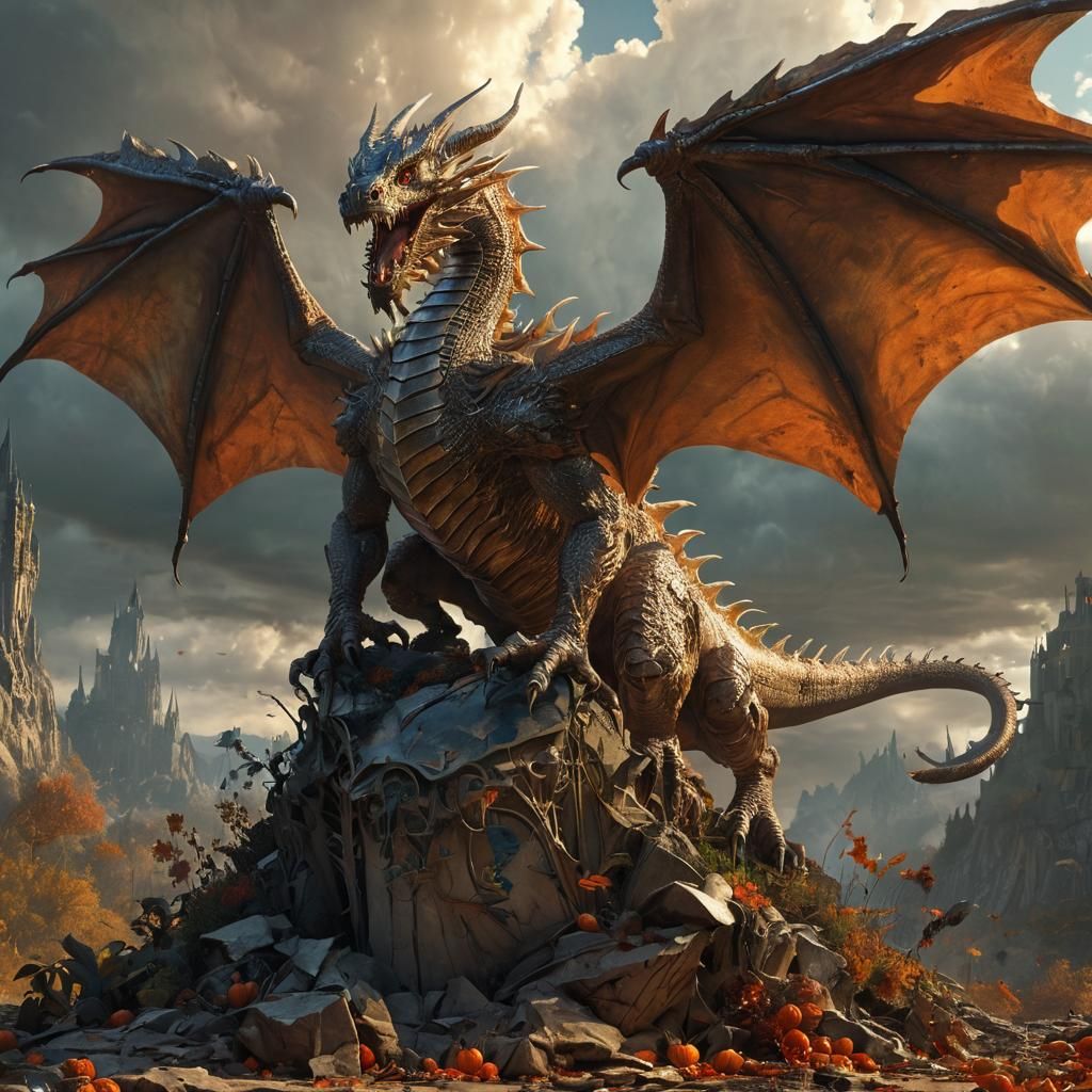 Epic Dragon in Halloween Pumpkin Patch