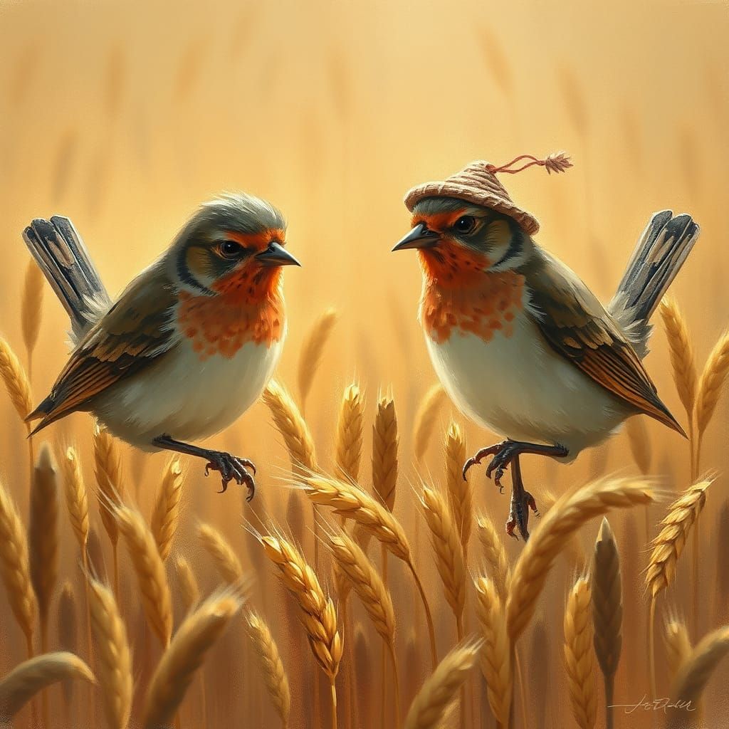 Birds Pecking Wheat in Whimsical Rustic Style