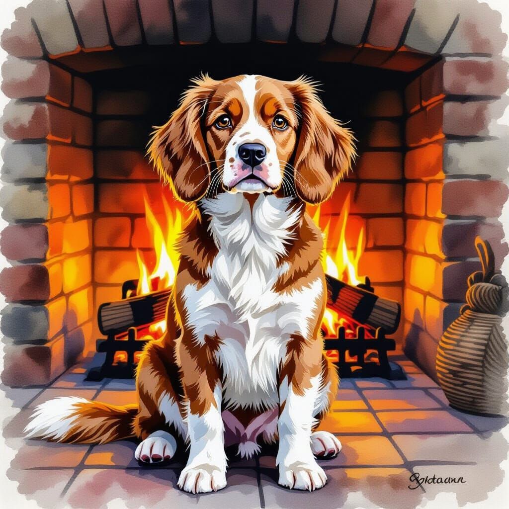Brittany Spaniel by Fireplace in Realistic Watercolor Style