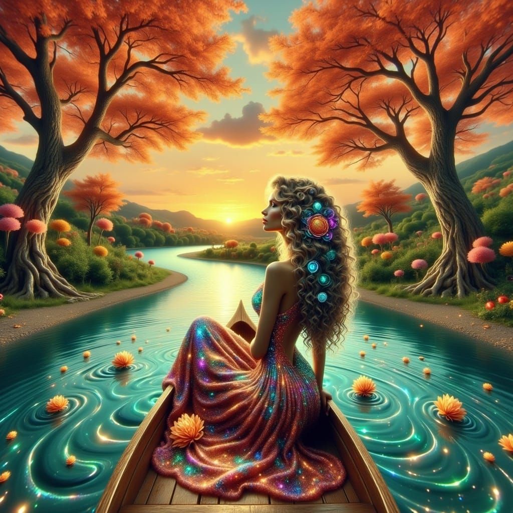 Enchanted Riverboat Scene in Vibrant Marmalade Hues