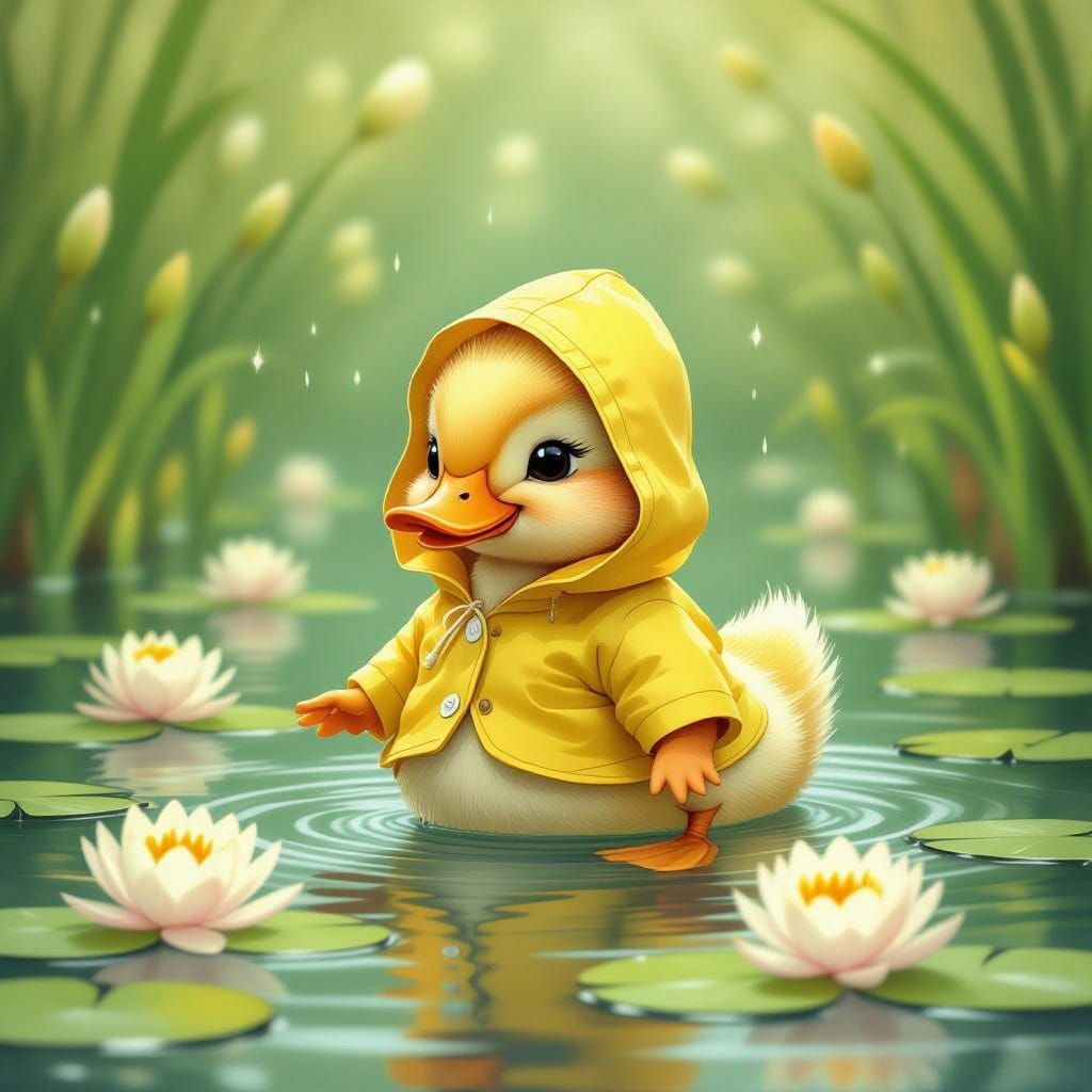 Duckling in Raincoat: Beatrix Potter Style Illustration