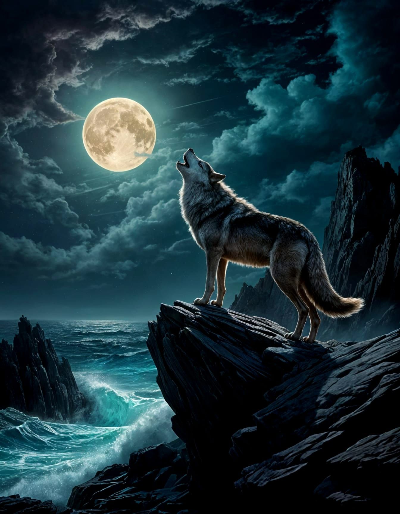 Wolf Howling Under Galaxy Moon in Hyperreal Style