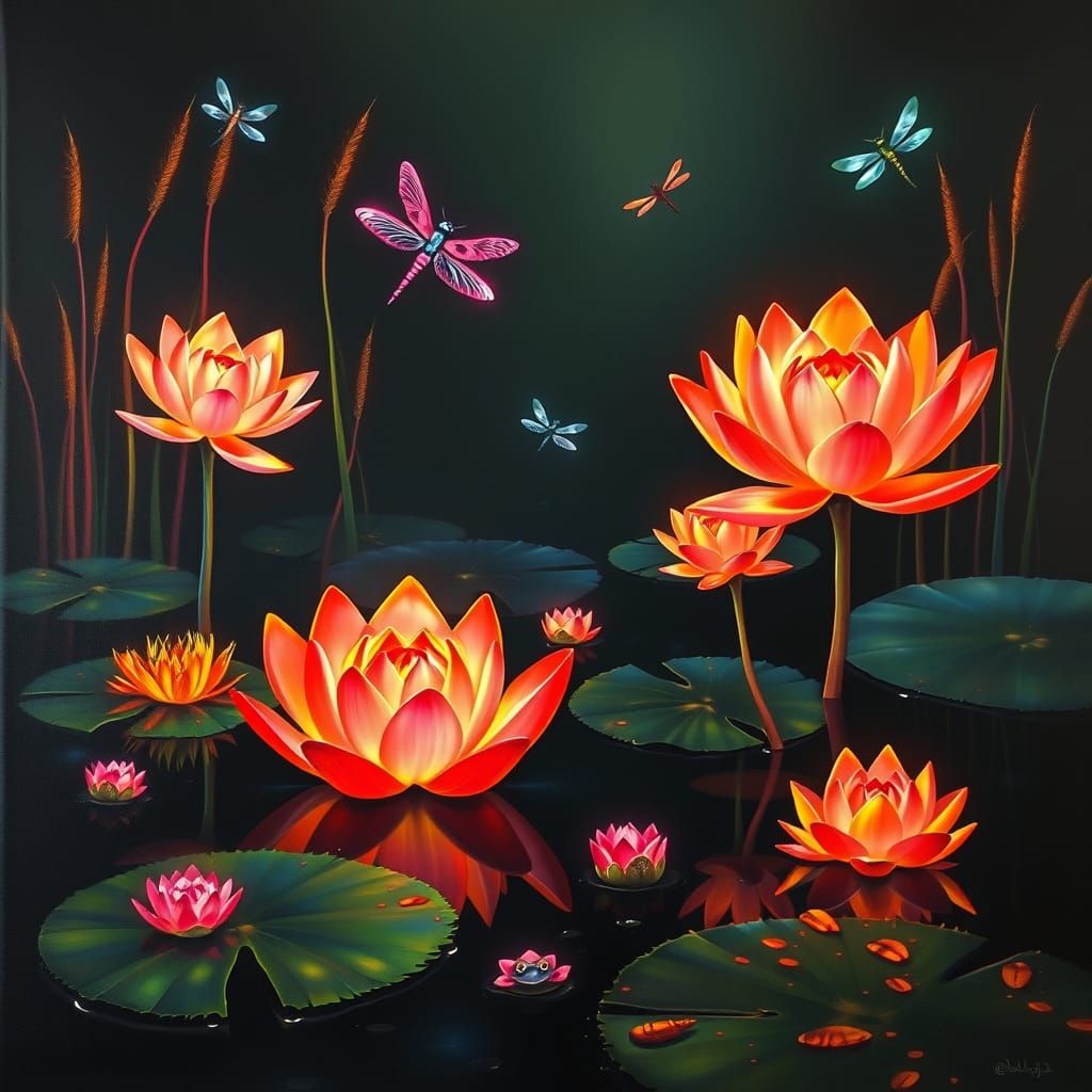 Neon Lotus Flowers in Surrealist Glowing Pond