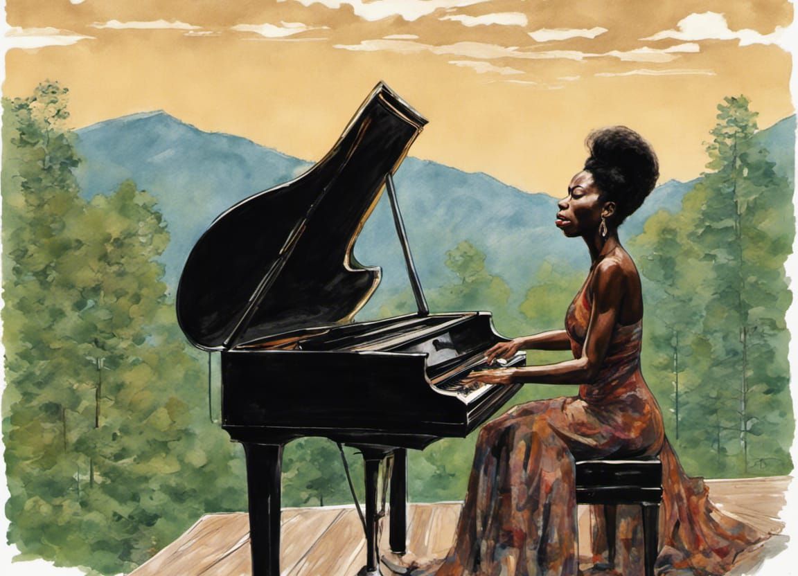 Nina Simone Portrait with Forest and Starry Sky